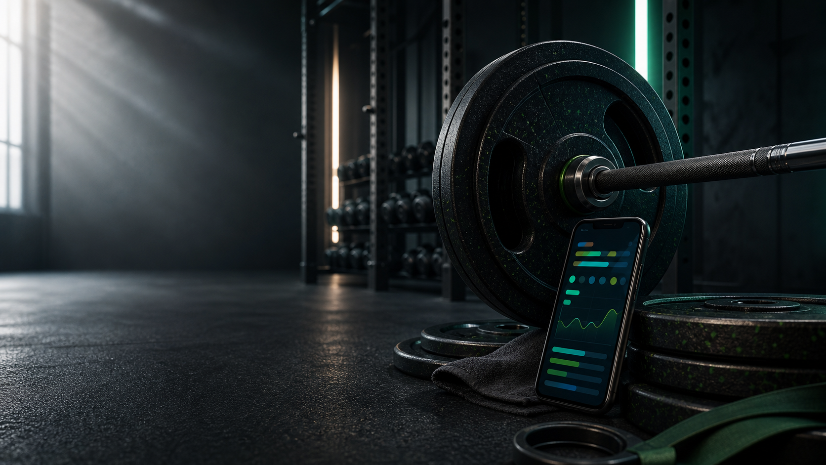 Barbell, weight plates, and a training phone on a gym floor